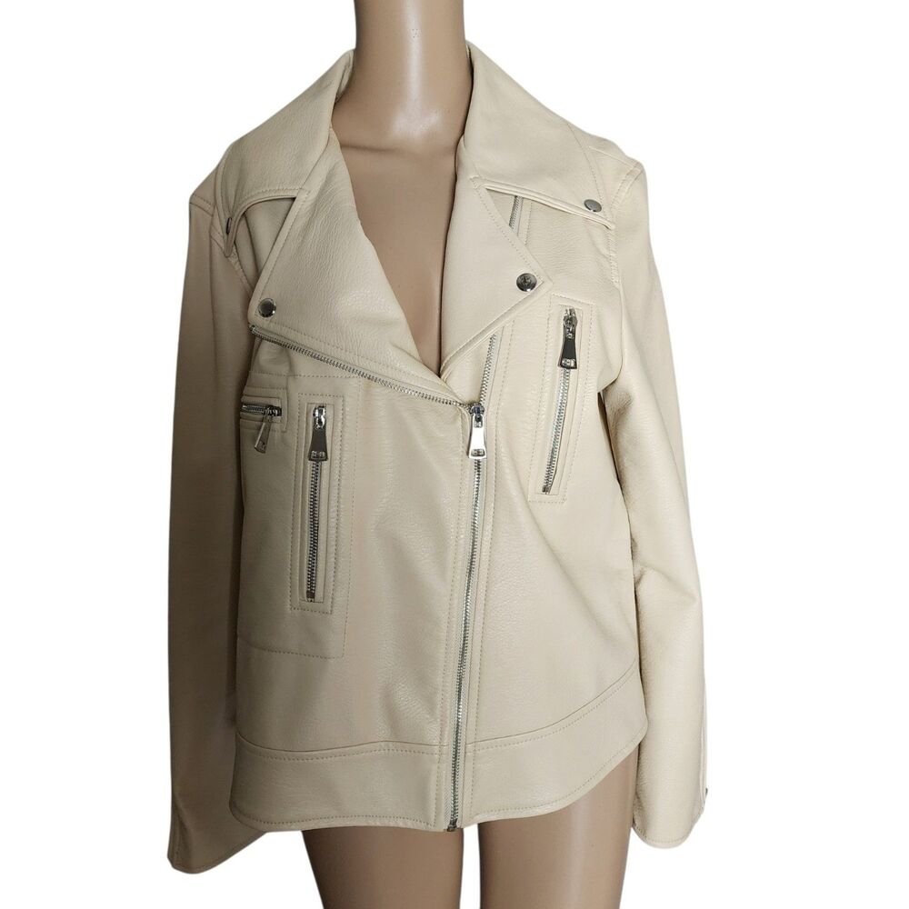 Elizabeth and James Beige Multi-Zipper Motorcycle Jacket Vegan Leather - Large